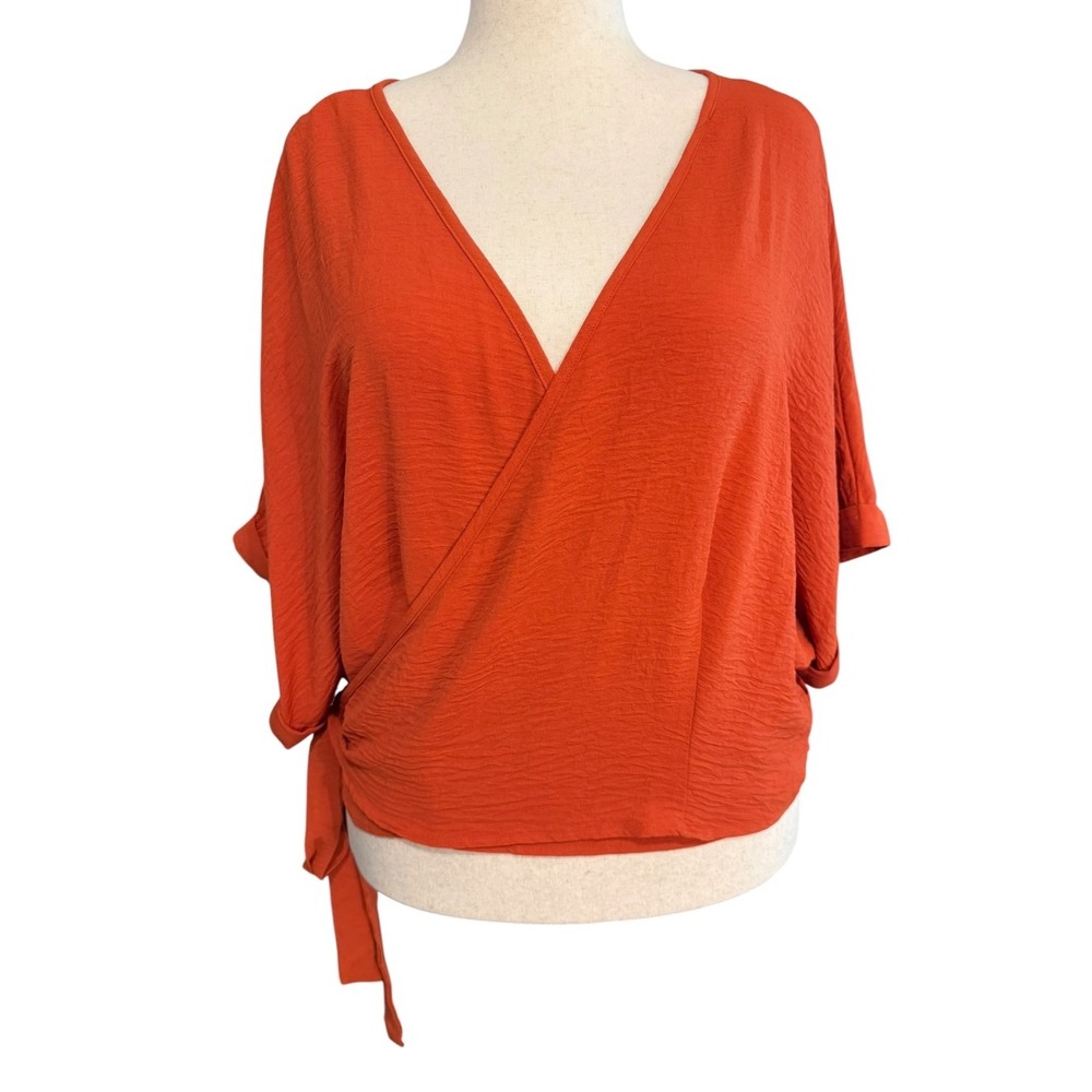 Cider Women Plus Size 4XL Orange Textured Wrap Top Short Sleeve V-Neck Side Tie